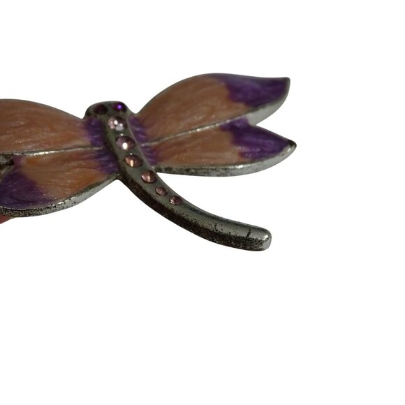 Dragonfly Brooch Pin With Rhinestones and Enamel Accents Purple Pink Silver Tone - Picture 6 of 8